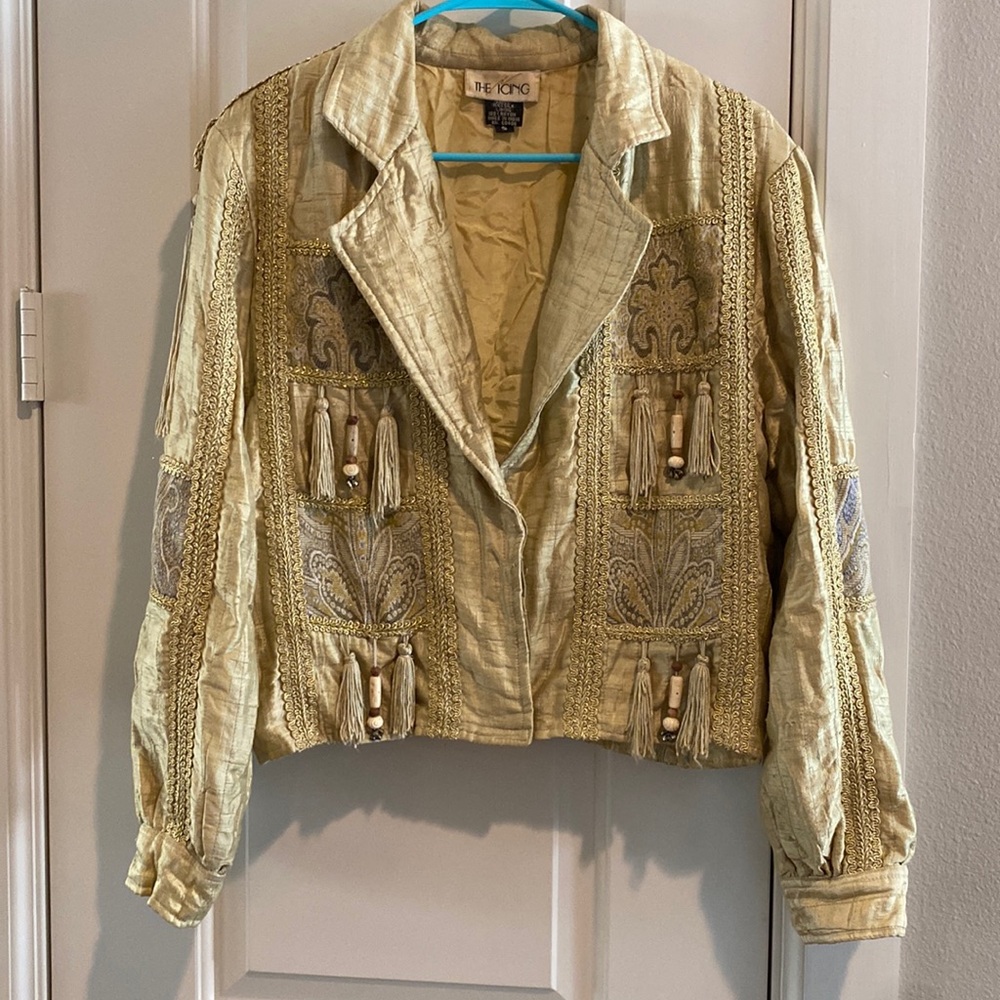 Soft, silk lined jacket w/lots of tassels, trim and epaulets & wood/bone,Amazing